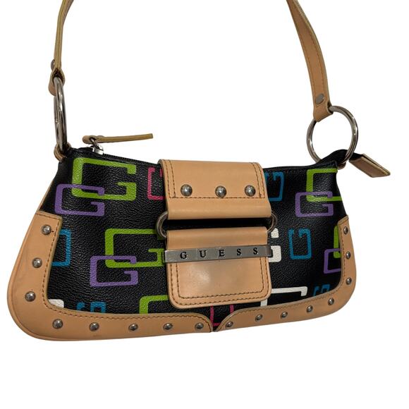 VTG Y2K 00's Guess Black Multi Color Monogram Murakami Style Baguette Bag Purse - Picture 2 of 6